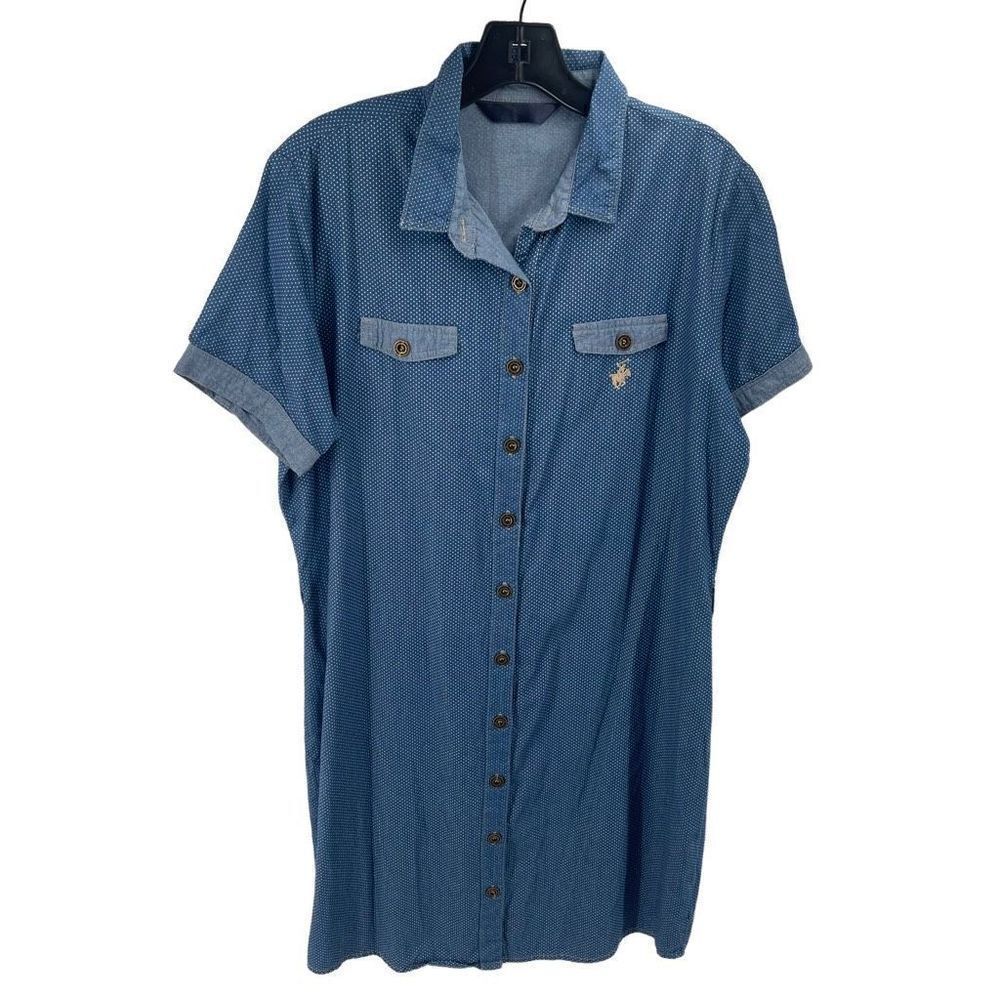 Beverly Hills Polo Club Womens Button Down Shirt Dress Polka Dots Blue Size XL